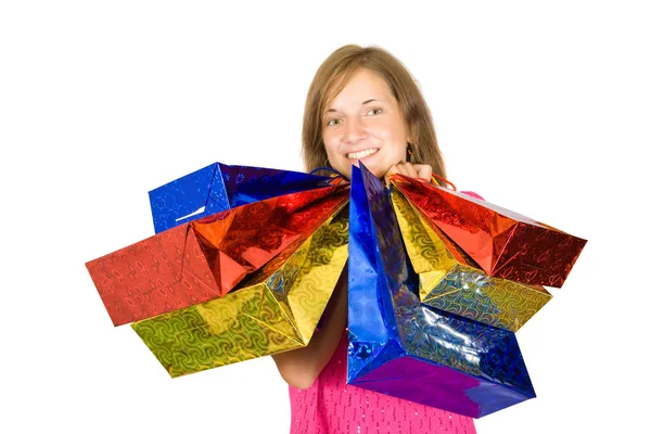 Girl Holding Shopping Bags Isolated Full Length White Background Stock Image