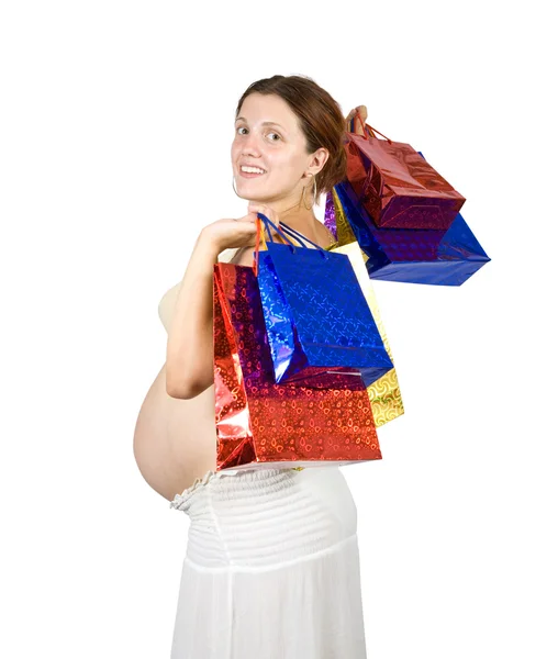 Pregnant Woman Shopping Bags White Stock Photo
