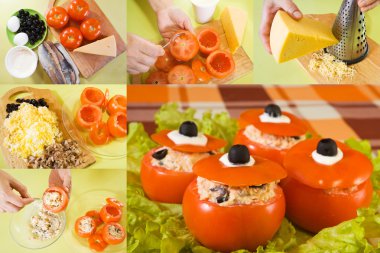 Series stages of cooking of stuffed tomato salad clipart