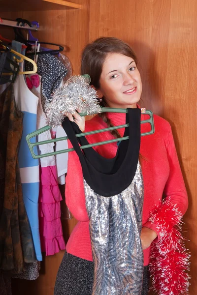 Girl Chooses Dress Wardrobe Her Home — Stock Photo, Image