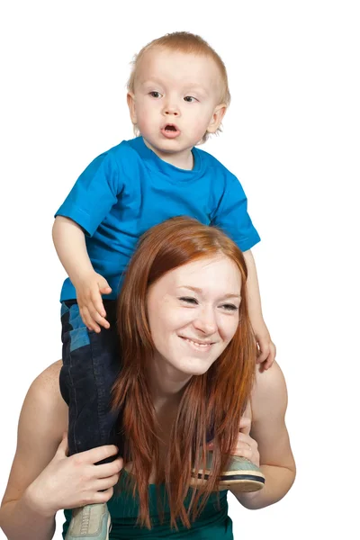Gelukkig Moeder Met Haar Zoon Geïsoleerd Wit — Stockfoto
