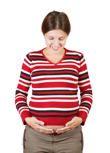 Portrét Těhotné Ženy Kouká Břicho Přes Bílý — Stock fotografie