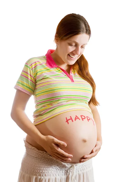 Έγκυος Γυναίκα Χαρά Στην Κοιλιά Απομονωθεί Λευκό — Φωτογραφία Αρχείου