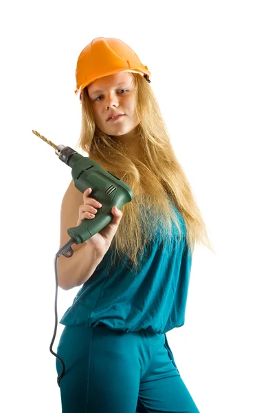 Beauty Girl Hard Hat Drill Isolated White — Stock Photo, Image