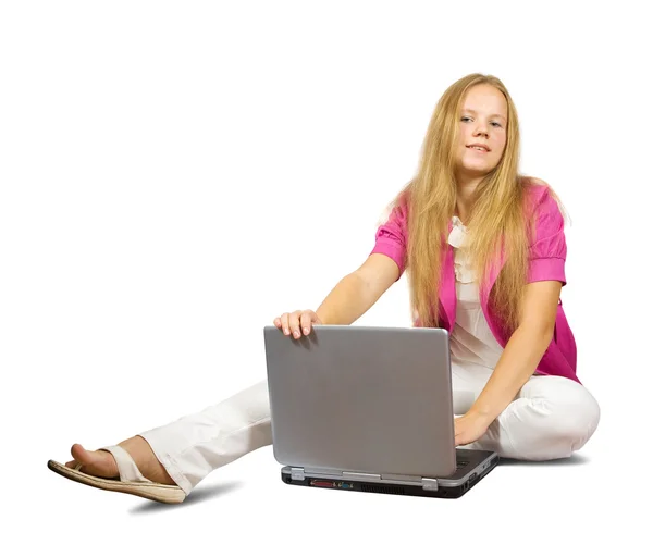 Dívka sedící s notebookem — Stock fotografie