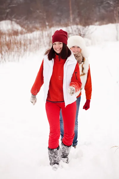Two Sporty Girls Runs Winter Park — Stock Photo, Image