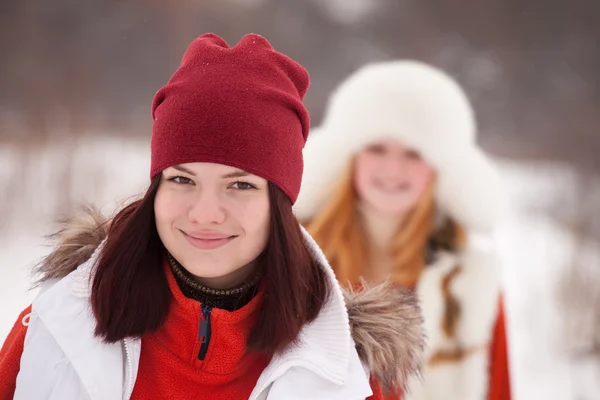 在冬季公园的两个运动型的女孩锻炼 — 图库照片
