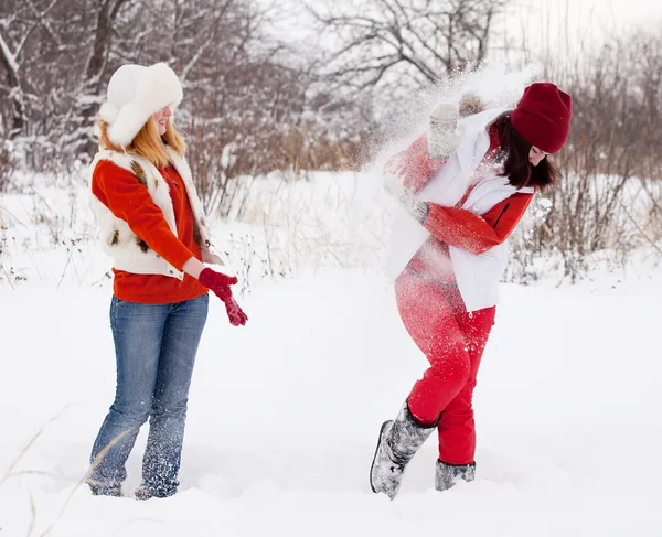 Zwei Mädchen spielt mit Schnee — Stockfoto