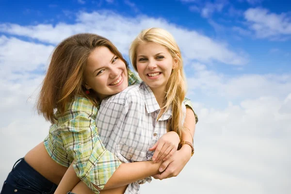 Two Girls Together Cloudy Sky — Stock Photo, Image