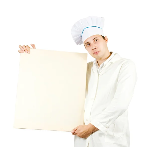Μάγειρας Άνθρωπος Στην Τόκα Κρατώντας Πανό Που Απομονώνονται Λευκό — Φωτογραφία Αρχείου
