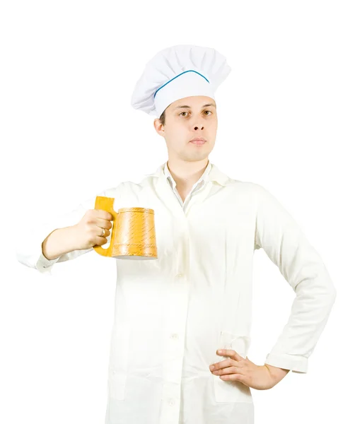 Cozinheiro masculino com caneca de cerveja — Fotografia de Stock