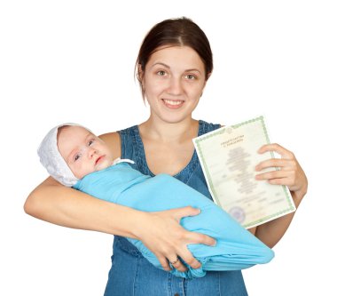 Mother holding young baby and certificate of birth clipart