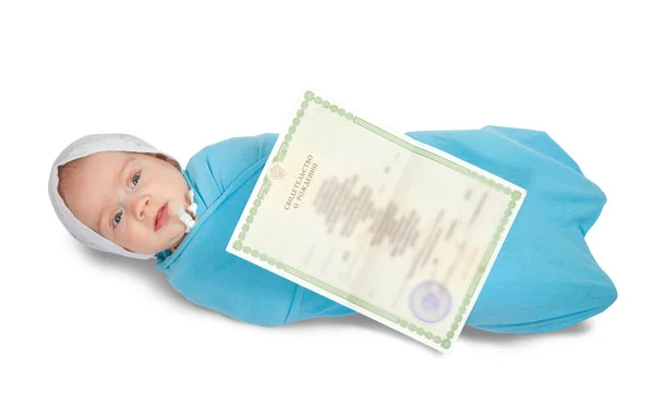 stock image Newborn baby with certificate of birth over white