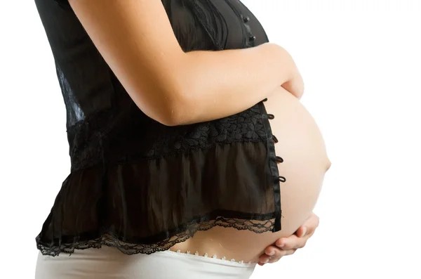 Κοιλιά Της Μήνες Έγκυος Γυναίκα Πάνω Από Λευκό — Φωτογραφία Αρχείου