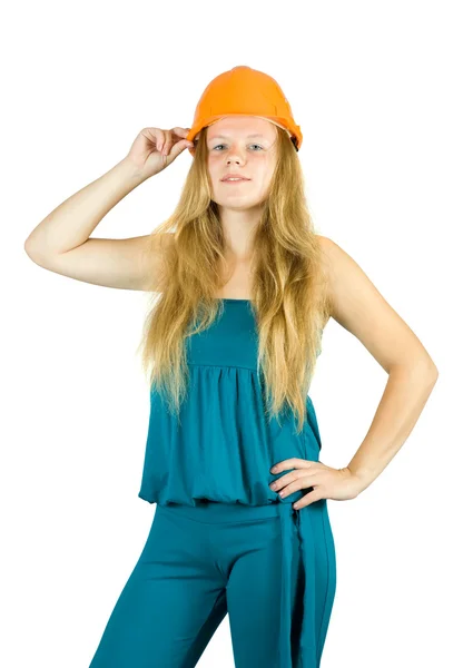 Trabalhadora feminina de chapéu duro — Fotografia de Stock