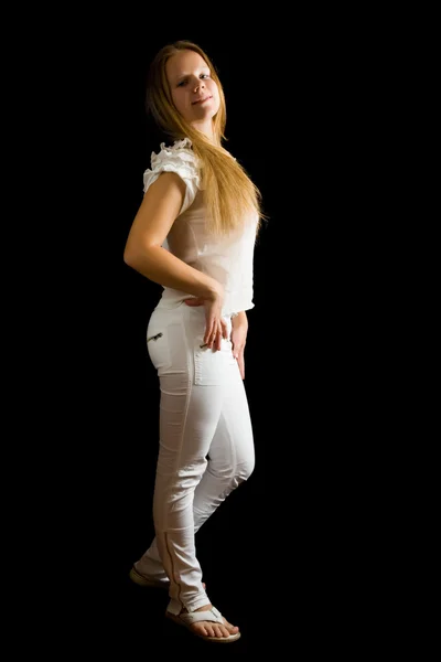 Vista Longitud Completa Aislada Niña Jeans Blancos Sobre Negro — Foto de Stock