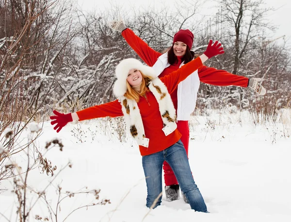 Dos Chicas Felices Juegan Parque Invierno —  Fotos de Stock