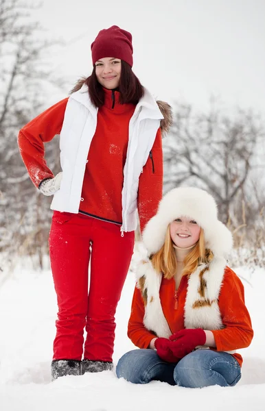 Portrait Two Smiling Girls Winter — Stock Photo, Image