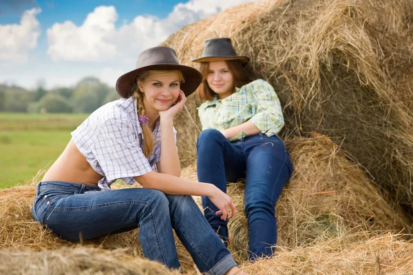 Pretty Girls Checked Shirts Resting Hay Bale — Stock Photo, Image