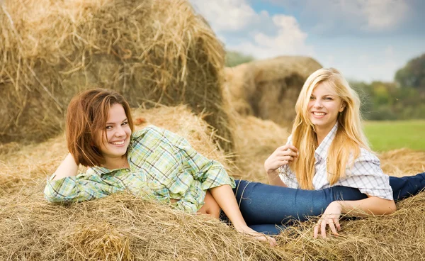 Girls in checked shirts on hay — Stock Photo, Image