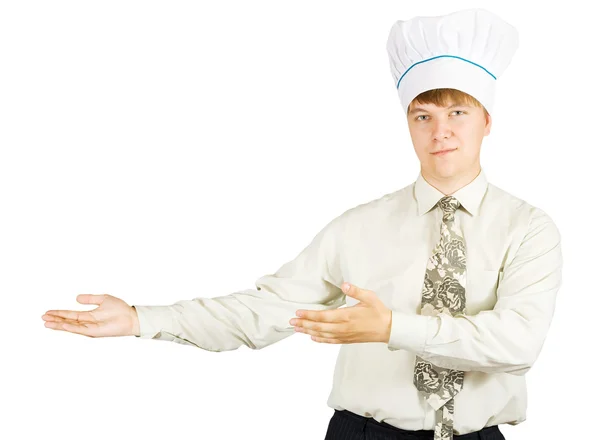 Young Smiling Cook Man Points Hand White — Stock Photo, Image