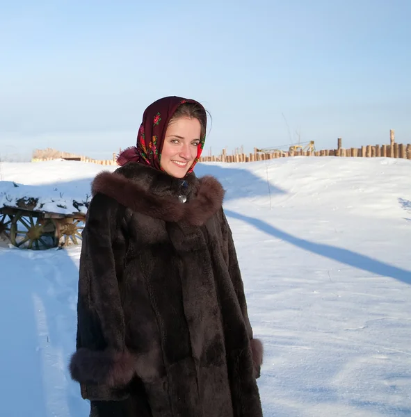 Girl against winter rural — Stock Photo, Image