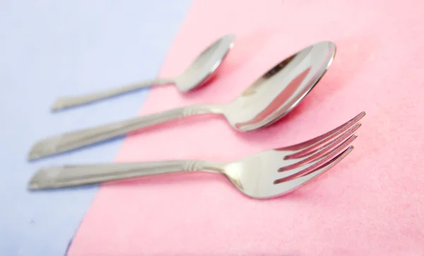 Silvery Fork Spoon Pink Napkin — Stock Photo, Image