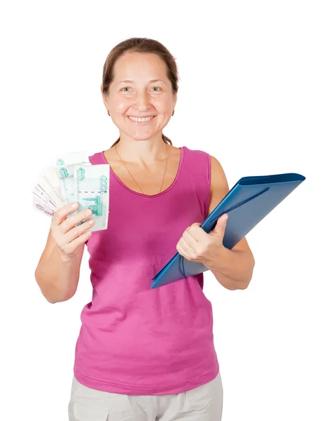 Зрелая женщина с папкой и деньгами — стоковое фото