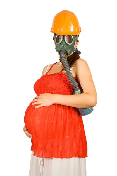 Mujer embarazada en hardhat y máscara de gas —  Fotos de Stock
