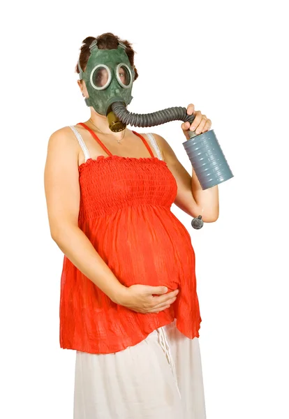 Mulher grávida em máscara de gás — Fotografia de Stock