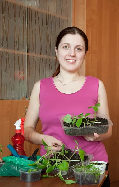 Flicka med olika plantor — Stockfoto