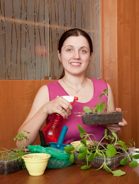 Ung kvinna med olika plantor — Stockfoto
