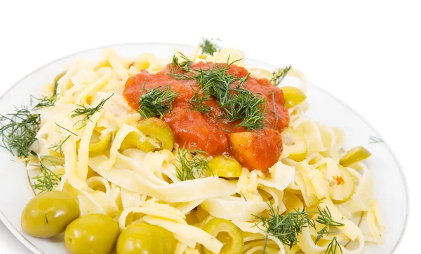 Pasta with olive and catchup — Stock Photo, Image