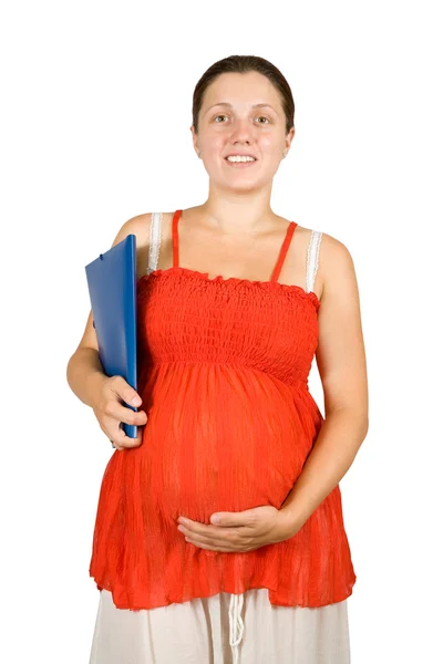 Gravid flicka med papper broschyren — Stockfoto