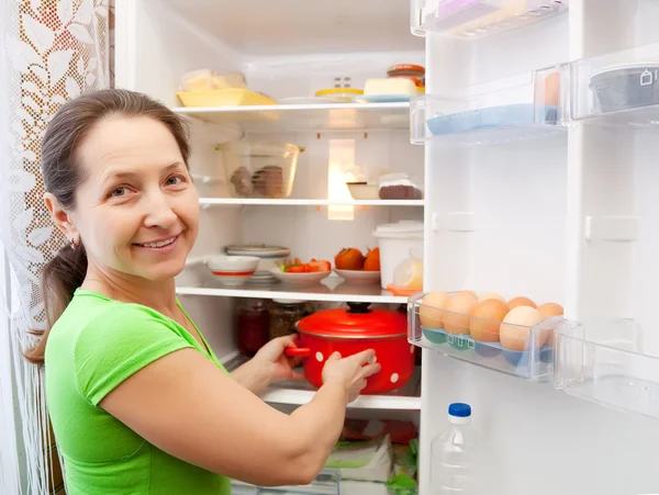 냉장고에 여자 퍼 팅 팬 — 스톡 사진