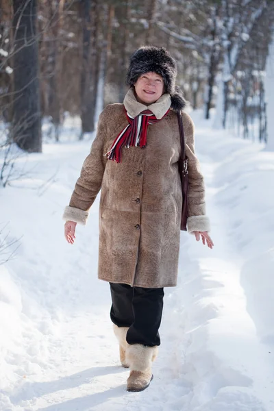 Mulher está andando no parque de inverno — Fotografia de Stock