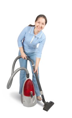 Senior Woman Pushing Vacuum Cleaner clipart