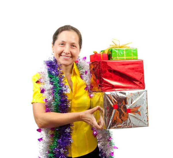 Women with gifts over white — Stock Photo, Image
