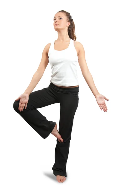 Mulher praticando ioga sobre branco — Fotografia de Stock