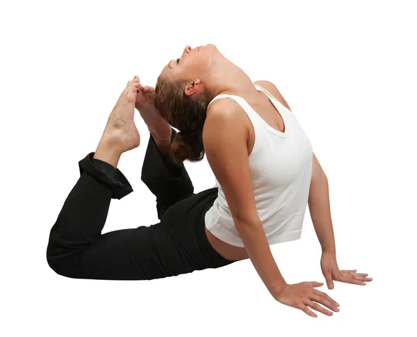Mujer haciendo yoga sobre blanco — Foto de Stock