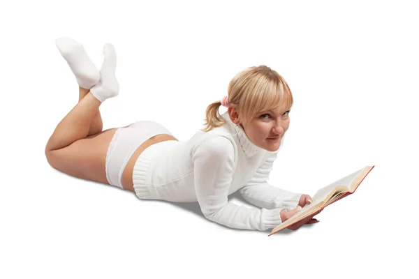 Menina em leitura branca — Fotografia de Stock