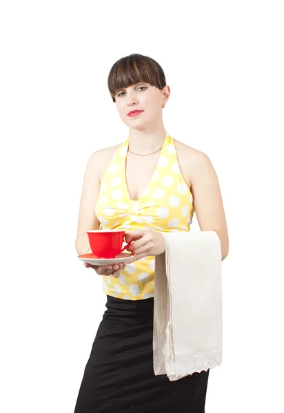 Bartender girl with a cup of coffe — Stock Photo, Image