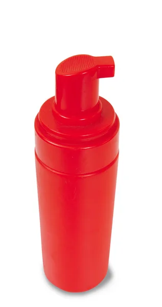 Red bathroom bottle — Stok fotoğraf