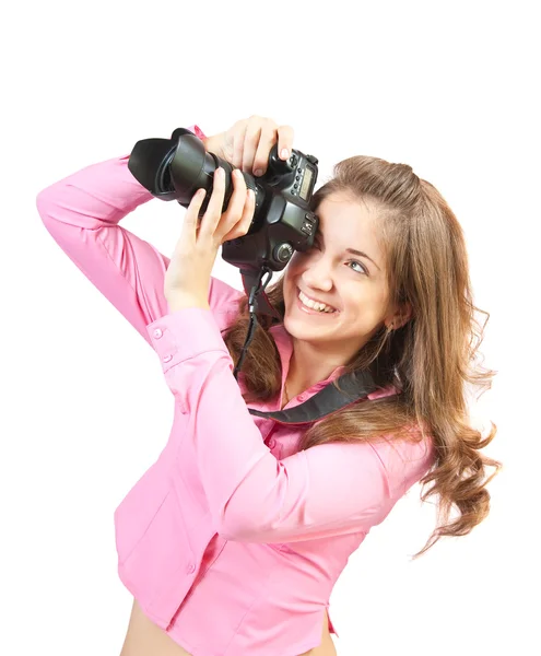 Chica con cámara fotográfica — Foto de Stock