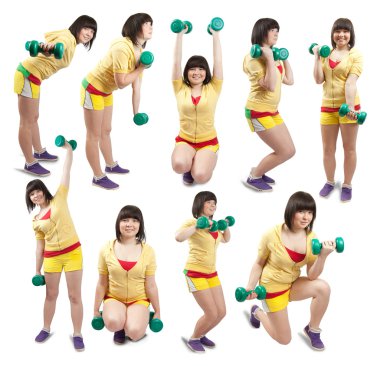 Sporty girl exercising with weights clipart