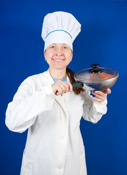 Woman with stainless frying pan — Stock Photo, Image