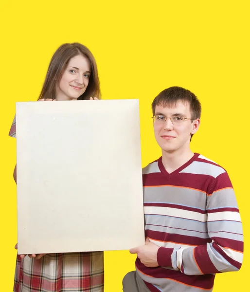 Gülümseyen kız ve erkek posteri ile — Stok fotoğraf