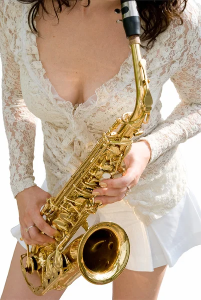Дівчина і саксофон — стокове фото