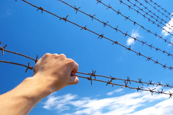 Hand van gevangenis en hemel achtergrond. — Stockfoto