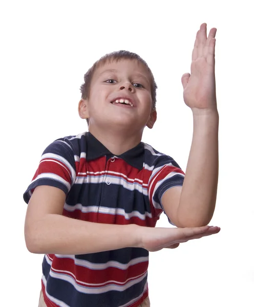 Schoolboy with his hand raised — Stock Photo, Image